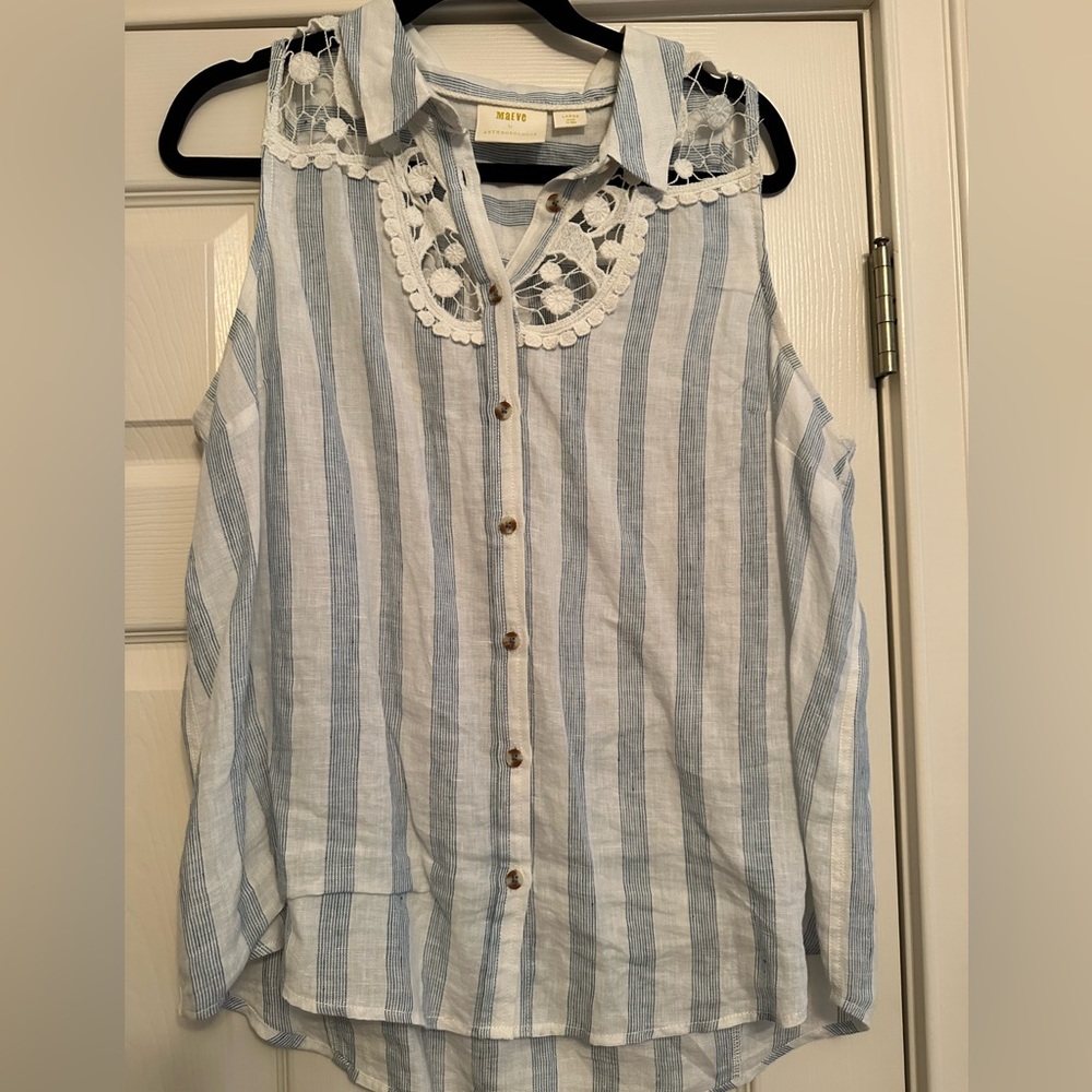 Maeve blue and white stripe sleeveless button down